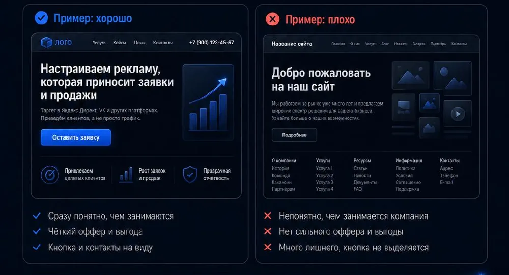 Пример хорошего и плохого первого экрана сайта
