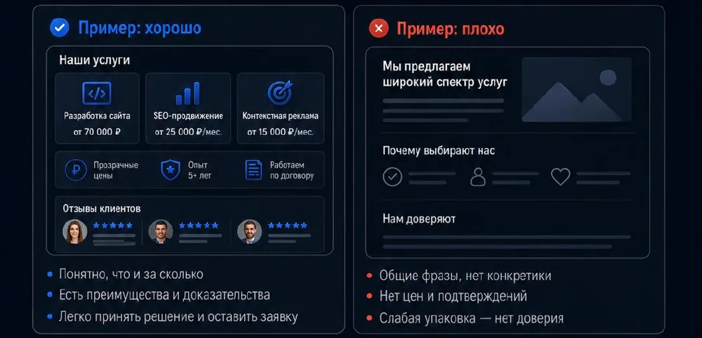Пример хорошей и слабой упаковки услуг на сайте
