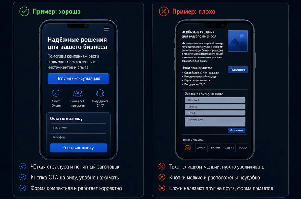 Пример удобной и неудобной мобильной версии сайта