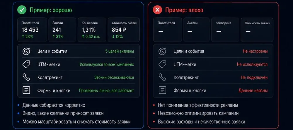 Пример настроенной и ненастроенной аналитики рекламы
