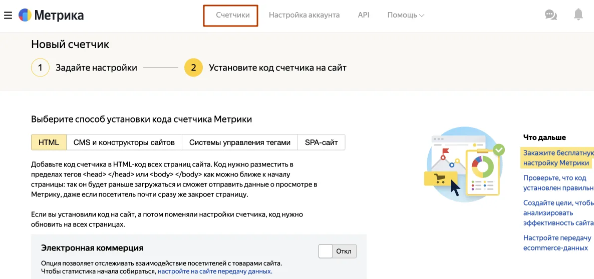 Страница установки кода счётчика Метрики